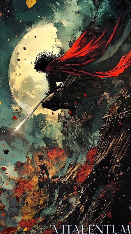 Lone moonlit warrior leaping through a storm of color.