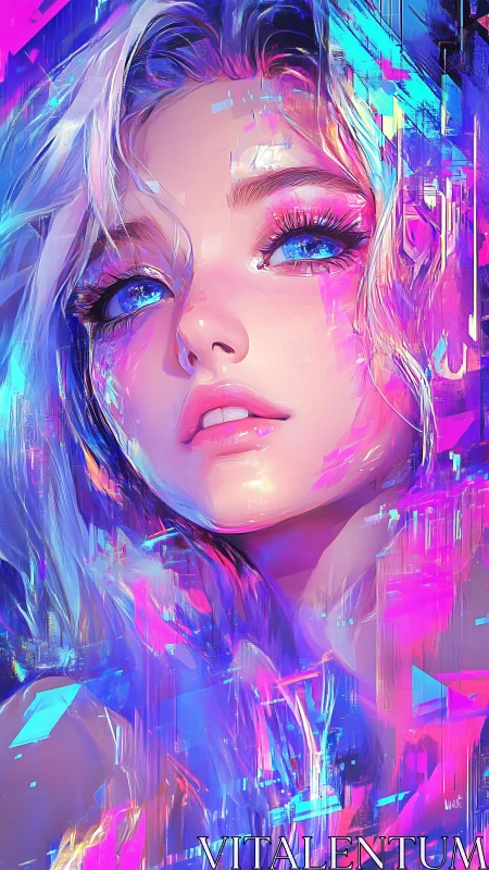 Neon-glitched cyber muse with crystalline blue gaze.