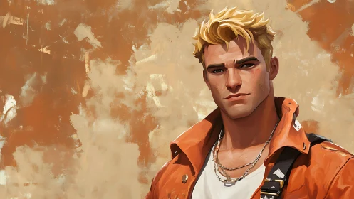 Blond young man stands against textured warm abstract wall