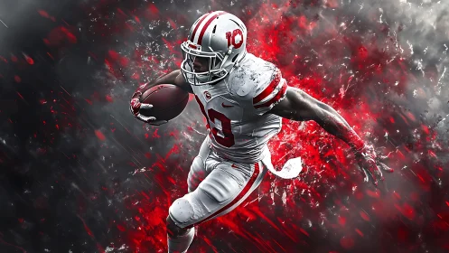 Dynamic gridiron runner amid explosive chromatic particle burst.