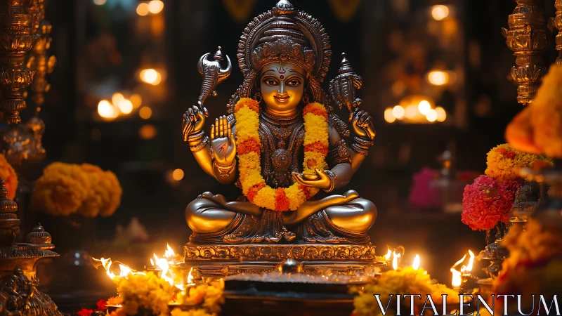 Golden Hindu deity statue with garlands and temple lamps.
