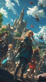 Skybound knights gathering beneath the sunlit citadel.