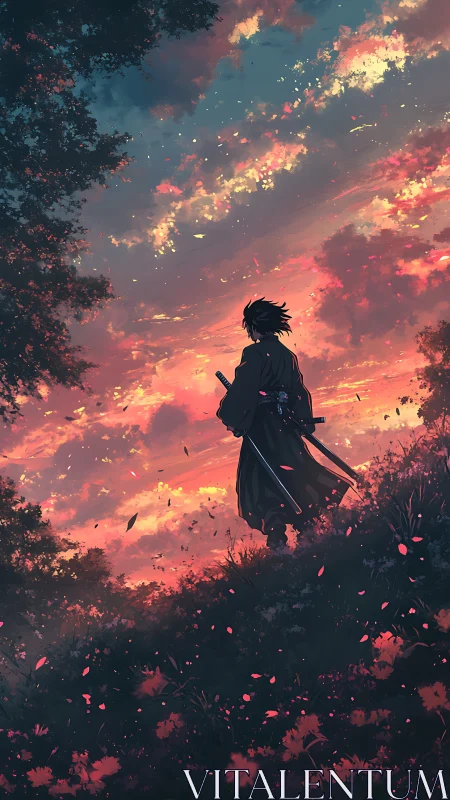 Ronin silhouette under blazing cinematic sunset sky.