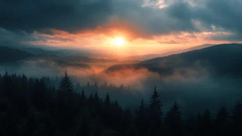 Morning light pours gently over a misty mountain forest