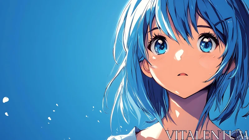 Soft blue haired girl gazes upward with quiet wonder