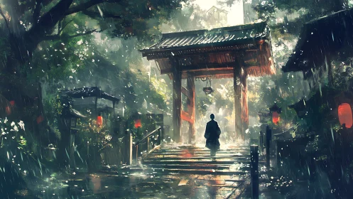 Monk crossing rainlit shrine gate in misty lantern garden.