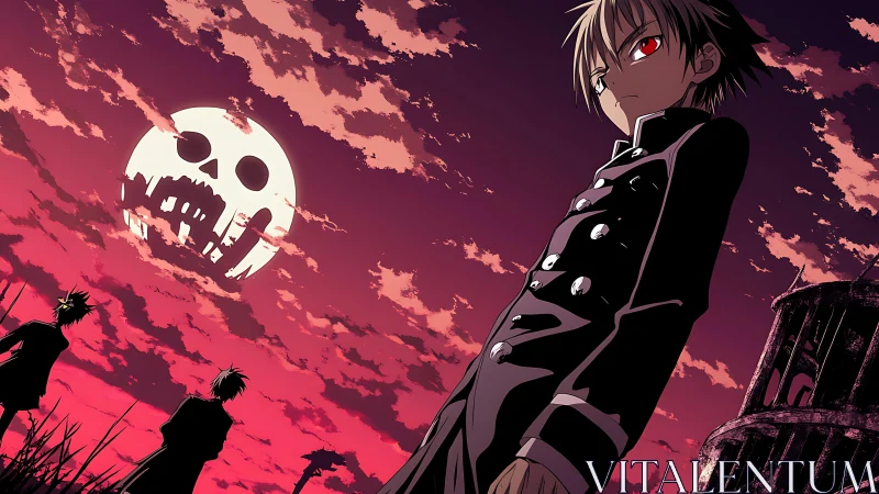 Red sky anime scene shows ominous moon and uniformed youth