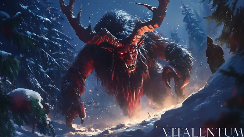 Horned infernal predator traversing nocturnal snowfield terrain.