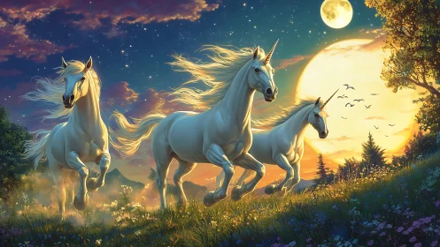 Three white unicorns running under large moonlit sky.