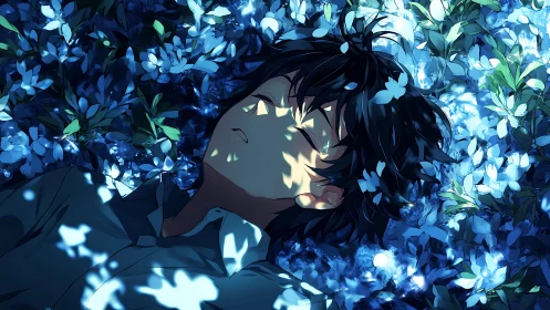 Young person lying in foliage under dappled blue light.