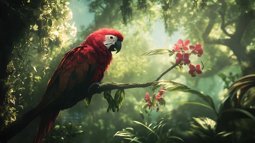 Scarlet macaw studies orchid blooms in diffused jungle light