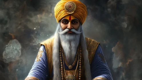Regal Sikh elder in ornate turban against cosmic haze.