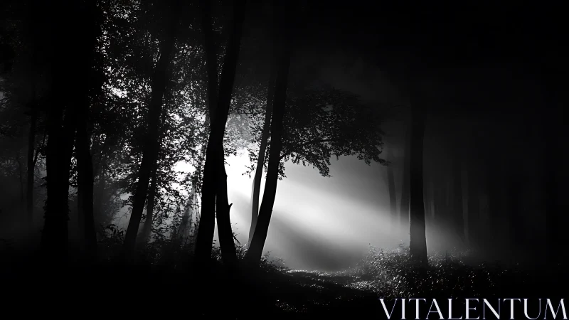 Dark forest scene with strong light beams cutting through.