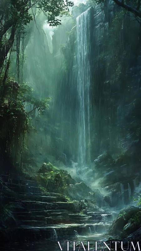 Vertical rainforest canyon waterfall under diffuse monsoon light