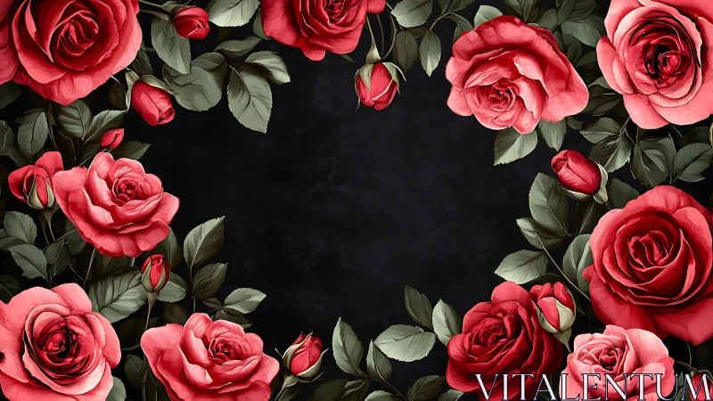 Red Roses on Black Background Floral Frame.