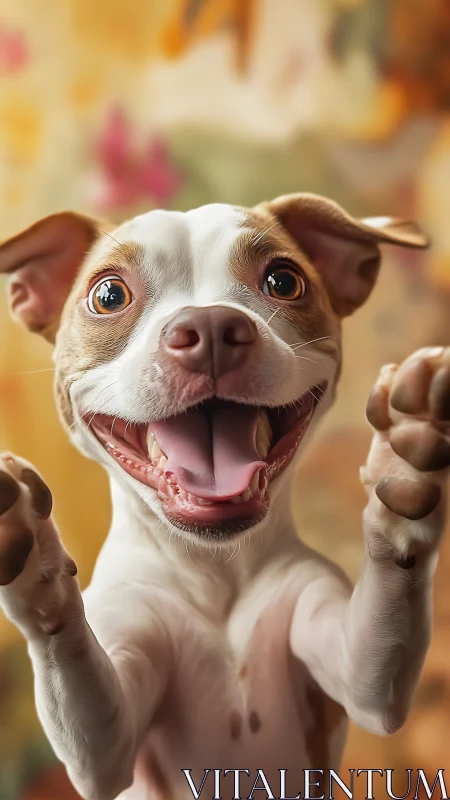 Joyful puppy leaping toward the camera with bright eyes.