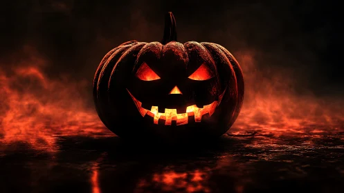 Cinematic jack-o&rsquo;-lantern render with dramatic rim lighting.