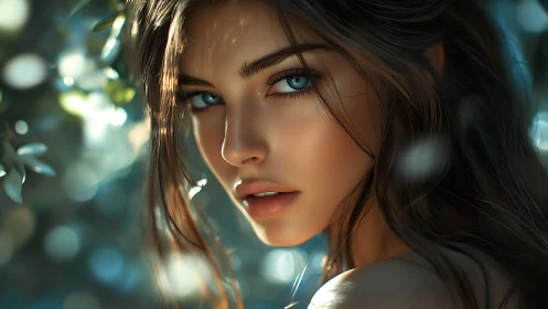 Ethereal blue-eyed woman glows softly in dappled forest light