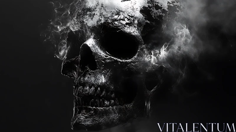 Burnished skeletal visage emerging through corrosive smoke.