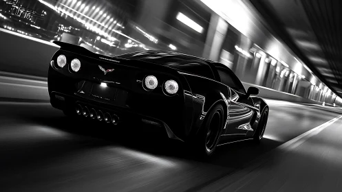 Midnight sports car racing through illuminated tunnel.