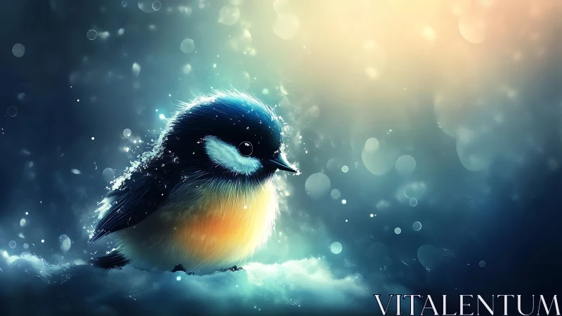 Cute Bird on Snow with Soft Bokeh Light, Digital Art Style.