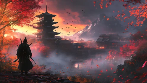 Solitary warrior overlooks misty pagoda at autumn sunset