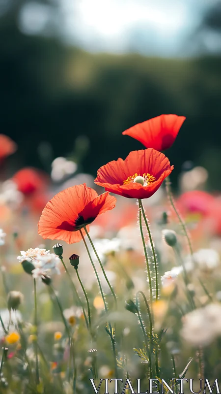 Vibrant Red Poppies Backlit Against Blurred Garden Landscape.