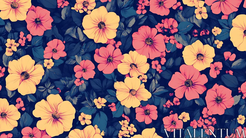 Vibrant Floral Garden with Pink, Yellow, and Navy Blooms.