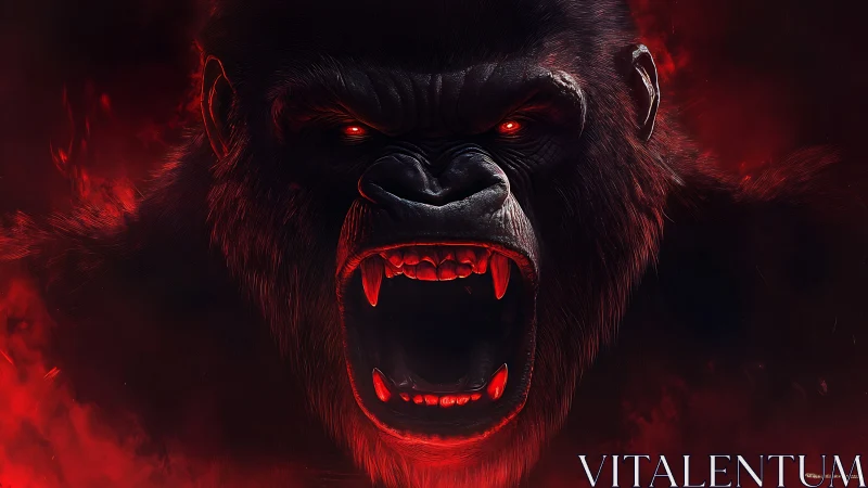 Gorilla head close-up with open mouth in red lighting.