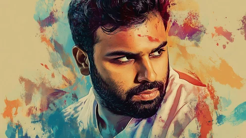 Intense bearded portrait framed by bold abstract color strokes.