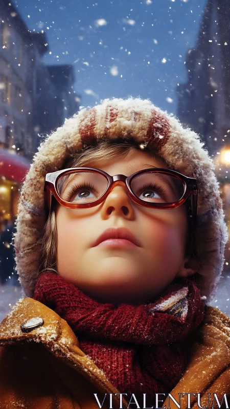 Wonderstruck child in city snowfall, glasses catching starlight.