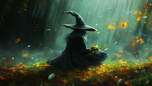 Solitary robed figure seated in misted forest clearing.