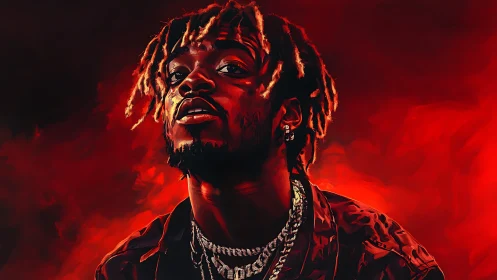 Digital portrait of rapper in high-contrast crimson lighting