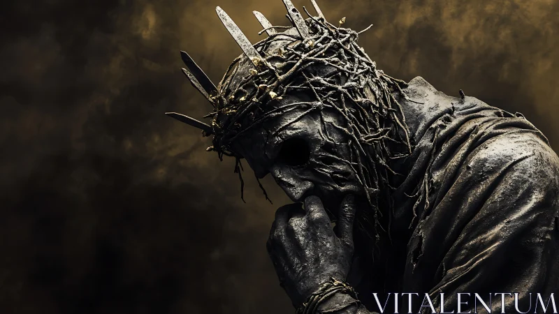 Desolate crowned figure in eroded shroud under muted light.