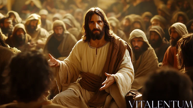 Teacher in flowing robes addresses gathered followers calmly.