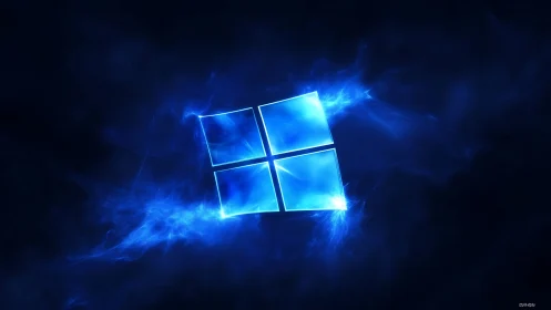 Glowing blue window logo floats in a storm of digital light