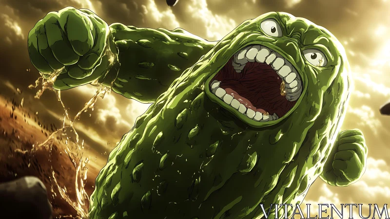 Giant mutant pickle monster charges across burning wasteland.