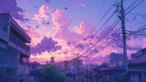 Pastel sunset sky above quiet urban residential street.