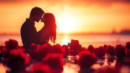 Silhouetted couple kissing at golden hour with red roses amid shallow water