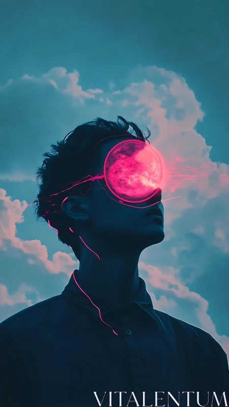 Cyberpunk portrait with neon visor and atmospheric backlight.