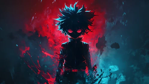 Mysterious anime hero rising amid vivid red and blue light.