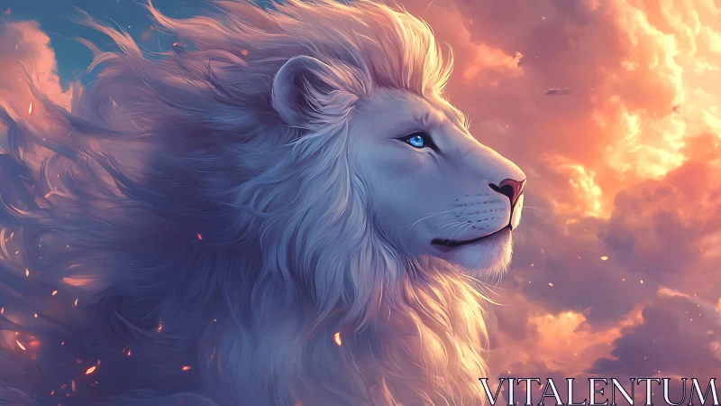 Skyfire mane billows as a blue eyed lion patrols dawn