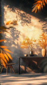 Sunlit minimalist interior renders warm autumn foliage study
