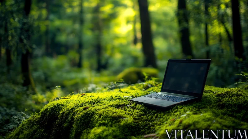 Laptop on mossy log in lush green forest clearing.