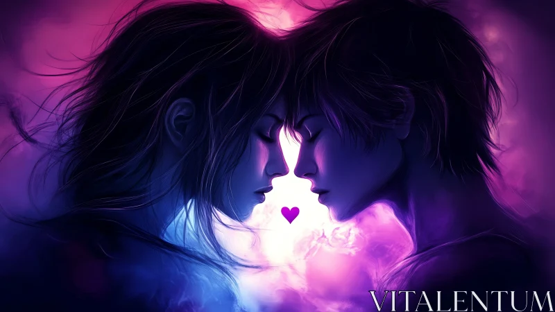 Two faces in profile with glowing heart symbol between them