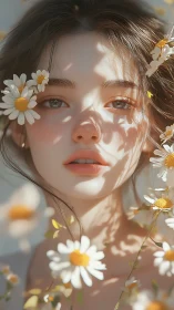 Sunlit girl framed by soft daisies and gentle shadows.