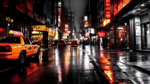 Yellow taxis line wet neon city street under night rain