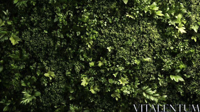 Emerald forest tapestry of mossy leaves and quiet wild growth.