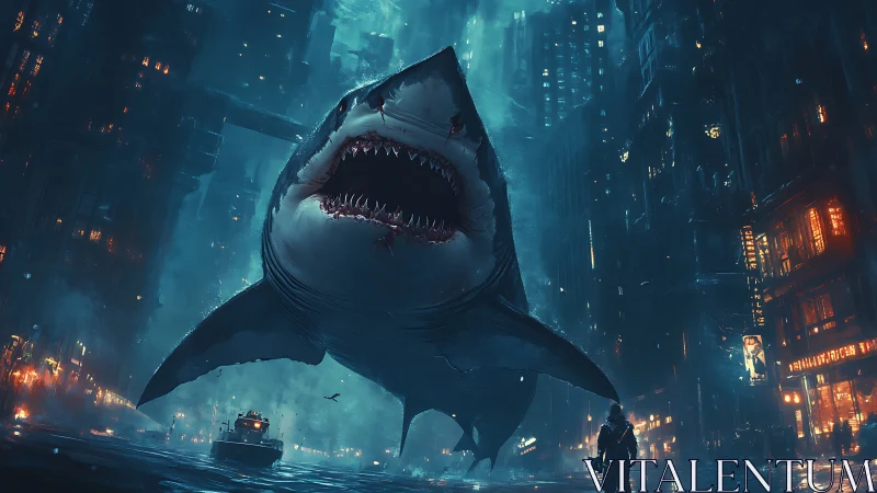 Colossal cyberpunk shark storms flooded neon city streets.