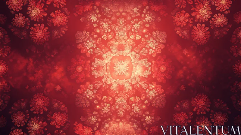 Radially symmetric red fractal bloom with recursive clusters.